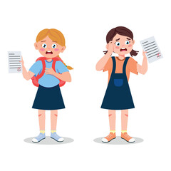Vector illustration of upset girls getting bad grades. Cartoon scene of unhappy schoolgirls standing with briefcase, holding papers with unsatisfactory grades for exams isolated on white background.