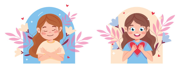 Vector illustration of self-love, positive emotions. Cartoon scene of cute smiling girls: hugging herself, holding red heart in hands, flowers, leaves, isolated on white background. Self-care.