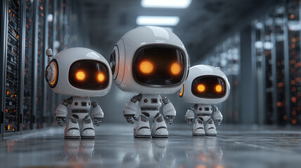 Adorable small robot standing in data server room