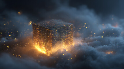 Abstract magic cube with spark particles and smoke