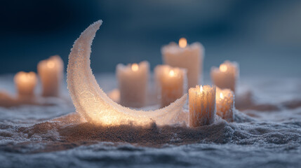 Magical winter landscape with moon and candlelight