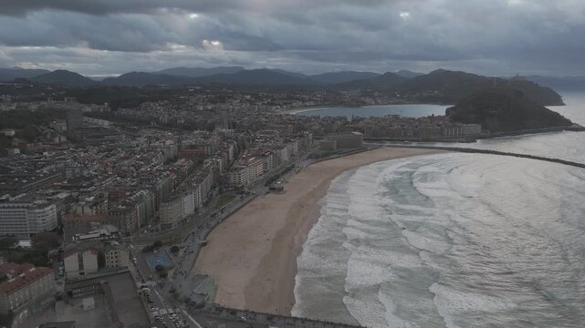 Aerial view of Donostia San Sebastian with Zurriola beach at the Basque Country.