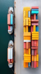 Top Down Aerial View of Cargo Ships Docked Beside a Row of Vibrant Shipping Containers on a Port Loading Dock with Calm Teal Water and Gray Pavement