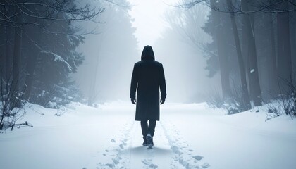 A solitary figure walking down a snowy path through a winter forest