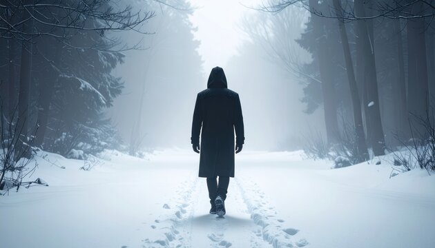 A solitary figure walking down a snowy path through a winter forest