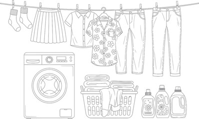 Black and white line drawing of laundry drying on a clothesline next to a washing machine and folded clothes