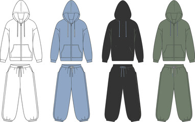Hoodie, sweatpants, tracksuit, fashion flat sketch, CAD drawing, vector template, apparel design, unisex clothing, sportswear, casual wear, illustration