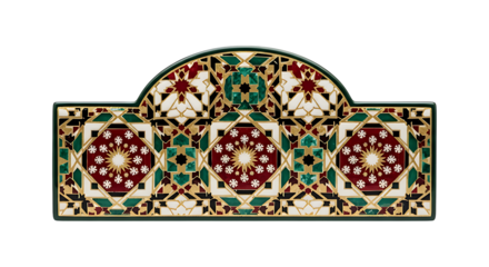 Intricate Islamic mosaic art with geometric patterns in red, green, white and gold perfect for elegant backgrounds and cultural projects, radiates artistic charm