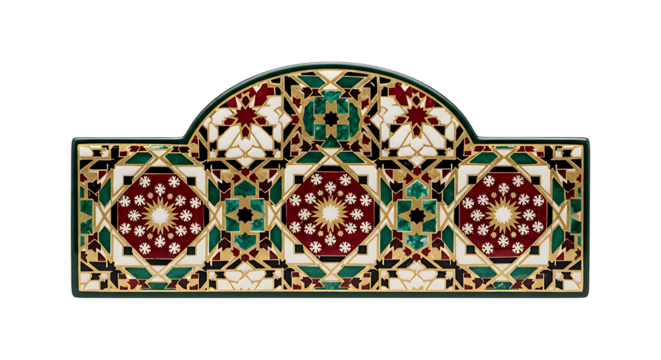 Intricate Islamic mosaic art with geometric patterns in red, green, white and gold perfect for elegant backgrounds and cultural projects, radiates artistic charm - Powered by Adobe