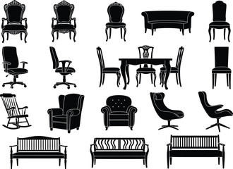 Collection of silhouette furniture icons including chairs sofas tables and benches for interior design