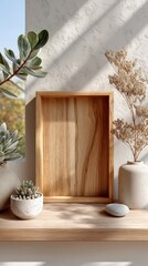 Top Down View Of A Small Empty Wooden Picture Frame With Succulent Plants And Textured Walls Illuminated By Natural Sunlight Creating Soft Shadows And Highlights.