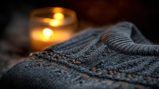 Cozy knitted sweater and candlelight warm textures and soft focus