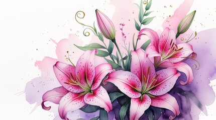 Pink stargazer lilies bouquet in watercolor, speckled petals, purple and pink abstract background. Wallart, greeting card