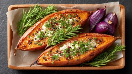 Top Down View Of Two Halved Roasted Sweet Potatoes Garnished With Fresh Rosemary Sprigs And Crumbled Feta Cheese Served With Red Onions On A Wooden Platter With Parchment Paper