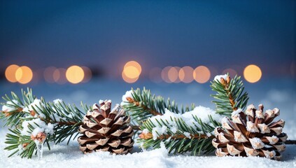 Winter Pine Cones At Dusk With Bokeh