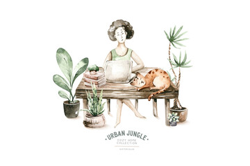 Watercolor trendy interior bohemian background with mid century modern furniture. Interior hugge Decor Scene. Cozy living room with houseplant, Urbun jungle Watercolor illustration. H