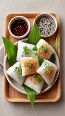 Top View Of Triangle Rice Dumplings With Toppings Served With Chili Oil And Sesame Seeds In Small Bowls On A Wooden Tray With Green Leaves And A Textured Napkin On A Light Brown Backdrop