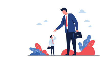 Obraz premium A giant businessman in a suit reaches a hand out towards a much smaller businessman looking up at him, depicting concepts of business hierarchy, support, or intimidation.