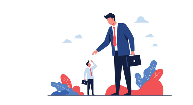 A giant businessman in a suit reaches a hand out towards a much smaller businessman looking up at him, depicting concepts of business hierarchy, support, or intimidation.