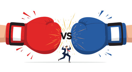A businessman cheers enthusiastically as large red and blue boxing gloves collide with a 'VS' symbol, representing intense competition, conflict, or a significant challenge.