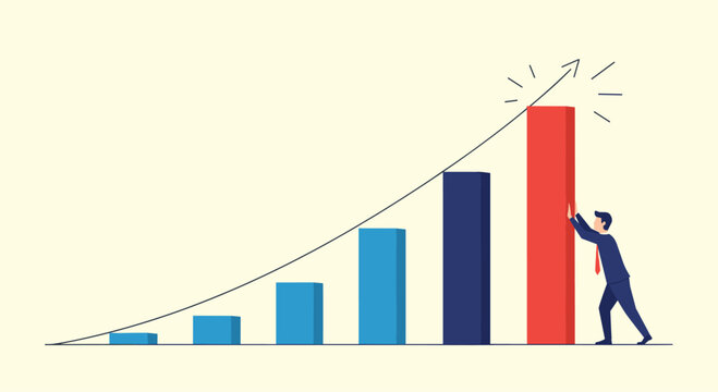 A determined businessman pushes the final bar of a growth chart higher, symbolizing sustained effort and strategic action for achieving greater business success and upward trend.