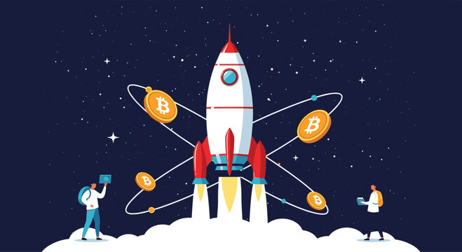 Rocket launching amidst orbiting Bitcoin coins, symbolizing the rapid growth, innovation, and technological advancement in the cryptocurrency and blockchain industry.