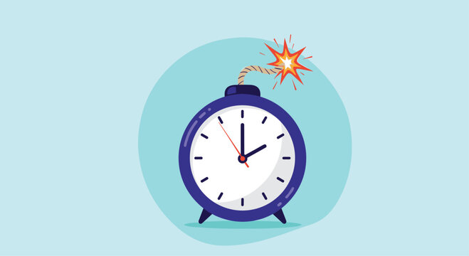 A cartoon illustration of an alarm clock designed like a bomb with a burning fuse, representing critical time constraints and impending deadlines.