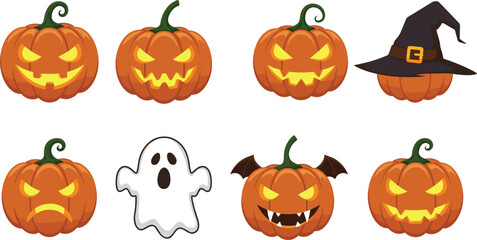 Halloween pumpkins with witch hat, ghost, and bat scary faces glowing design for spooky decoration, cad drawing flat vector illustration