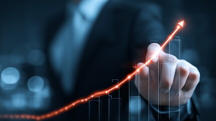 Business professional highlighting growth trends and data analysis in office setting during evening hours