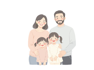 Happy family portrait with two daughters, smiling and embracing, vector illustration on white