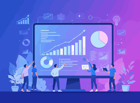 Business Team Analyzing Financial Data and Statistics on a Computer Screen