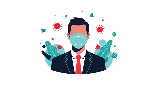 A businessman wearing a protective face mask to prevent the spread of coronavirus or other infectious diseases, surrounded by virus particles and abstract foliage.