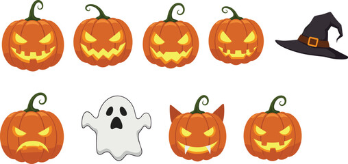 Halloween pumpkin faces with witch hat and ghost character spooky design, scary jack o lanterns, cad drawing flat vector illustration