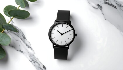 Elegant watch with black strap on marble, next to green leaves