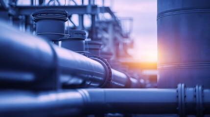 Industrial complex pipelines and storage tanks are processing various resources. Detailed industrial infrastructure for the energy industry.