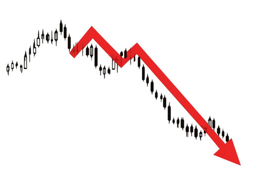 Stock market crash with a bearish red arrow illustrating financial decline and economic recession on transparent background