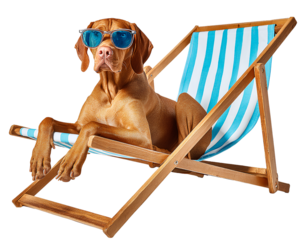 Stylish Hungarian Vizsla Dog Wearing Blue Sunglasses on Blue Striped Deck Chair isolated on a transparent background
