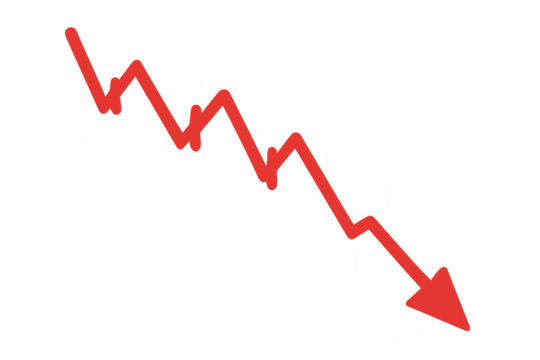 Red arrow icon showing financial market decline, business graph decrease, loss, economic recession, stock crash concept