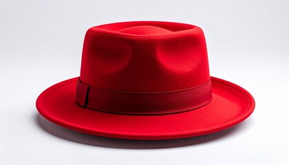 Red fedora hat with ribbon on white background symbolizing bold fashion identity and timeless elegance