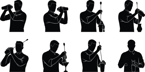 Bartender silhouette, cocktail shaker, mixing drinks, professional bar skills, cocktail making, nightlife illustration, drink preparation, mixology art