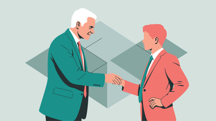 Fototapeta premium Two professionals in suits confidently shaking hands in a modern office symbolizing partnership and successful collaboration