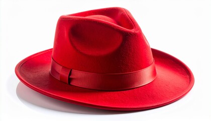 Red fedora hat with ribbon on white background symbolizing bold fashion identity and timeless elegance