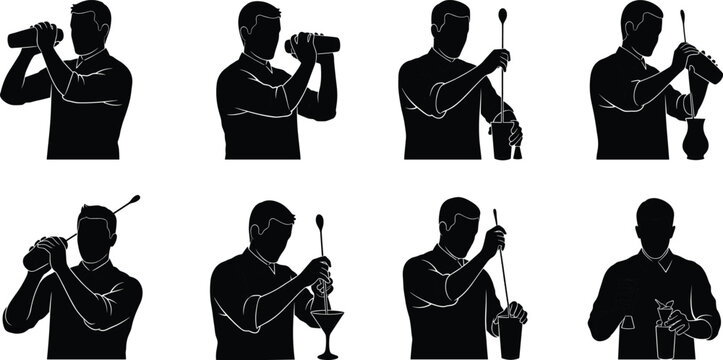Bartender silhouette, cocktail shaker, mixing drinks, professional bar skills, cocktail making, nightlife illustration, drink preparation, mixology art