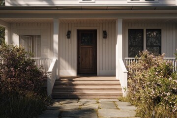 A wooden front door is flanked by windows and porch railings.
