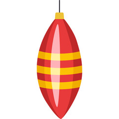 Red and Yellow Striped Elongated Christmas Ornament with Light Reflections Hanging From a String Festive Holiday Decoration Object With Festive Colors and Shiny Surface Isolated on White Background