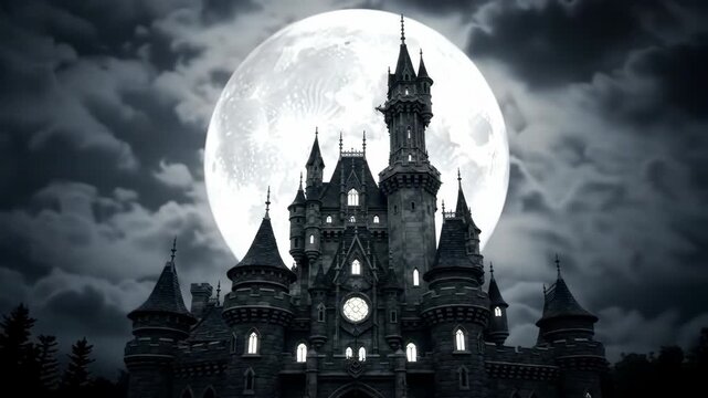 Dark gothic castle under a full moon with cloudy sky, used for fantasy stories