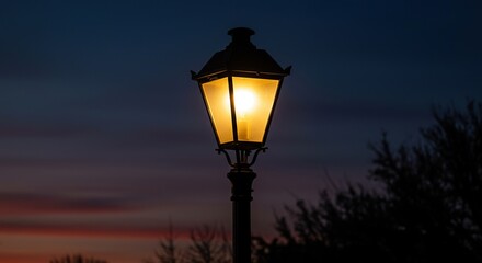 A vintage lamppost shines brightly at twilight, casting a warm, inviting glow, offering guidance and safety in the urban landscape. (128 characters) ,yellow light ,solitary ,standing