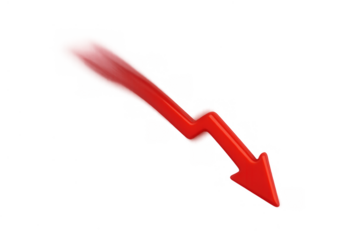 Red arrow moving downward showing financial decline, economy crisis, stock market fall, and business loss