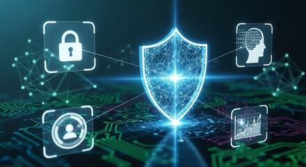 Digital shield with data icons and network connections