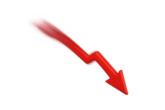 Red arrow moving downward showing financial decline, economy crisis, stock market fall, and business loss - Powered by Adobe